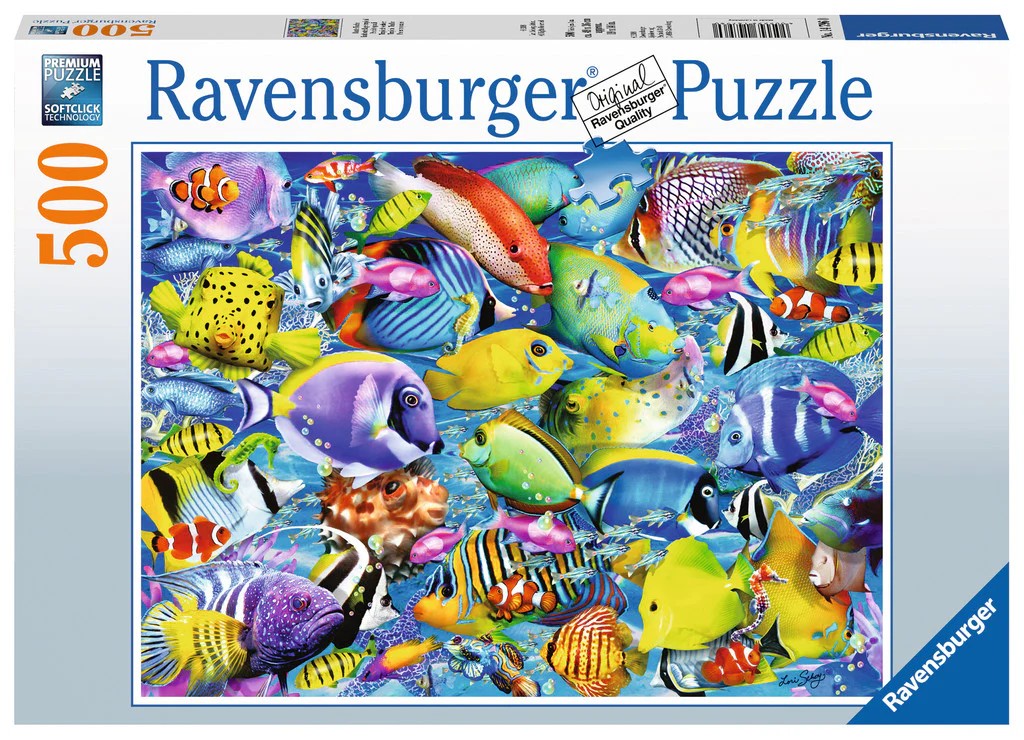 colorful ravensburger 500-piece jigsaw puzzle box tropical traffic of fish