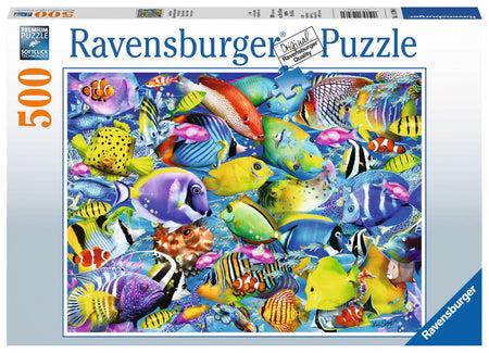 colorful ravensburger 500-piece jigsaw puzzle box tropical traffic of fish