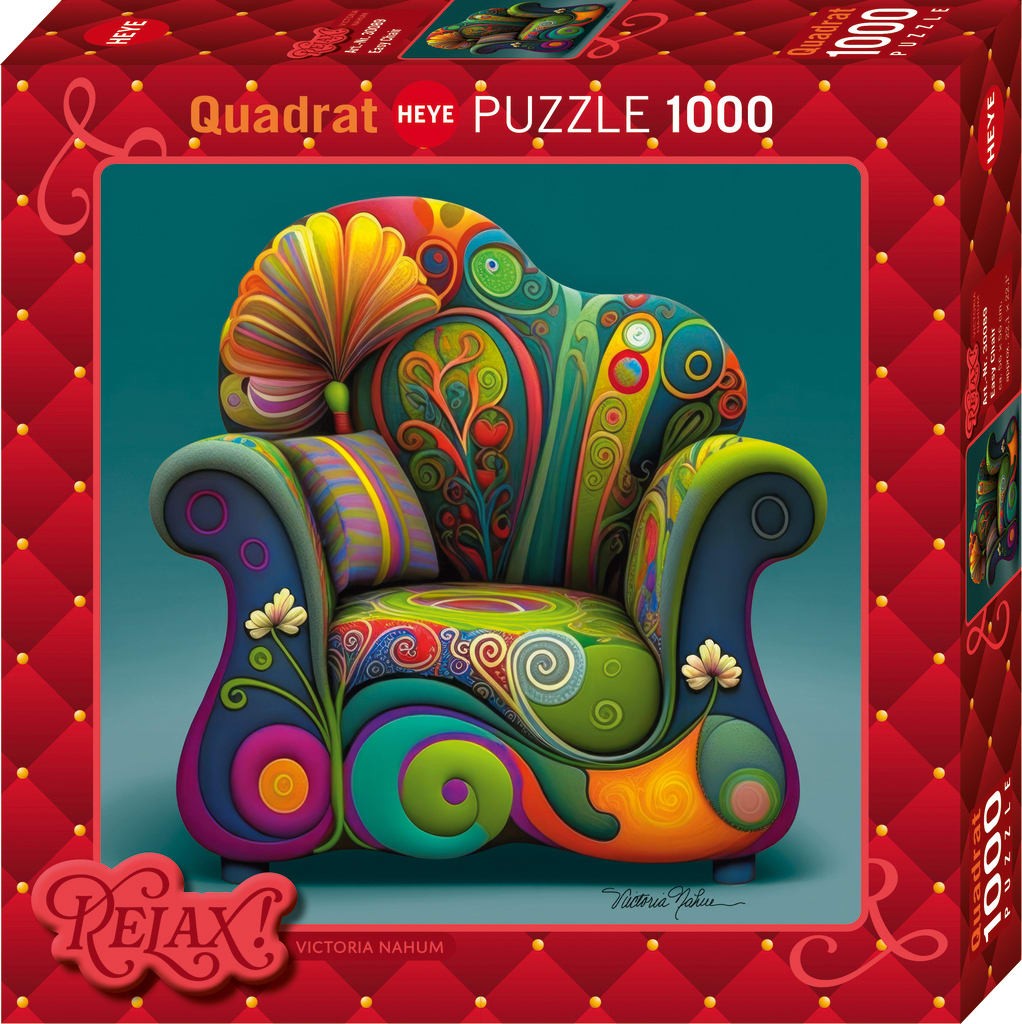 heye Colorful 1000-piece puzzle box with a psychedelic chair design and 'Relax' text on a red background.