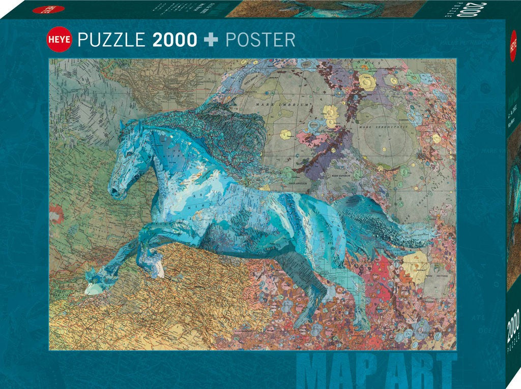 heye 2000-piece Jigsaw puzzle box with a horse design on a map background