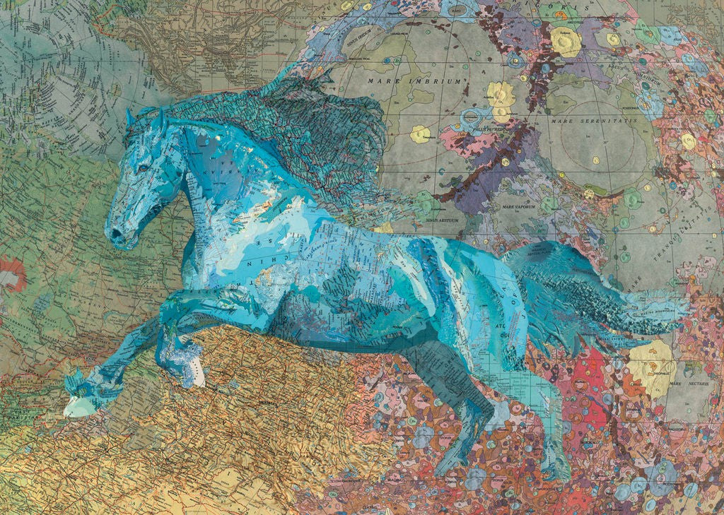 image of heye jigsaw puzzle Colorful mosaic of a horse on an old map background