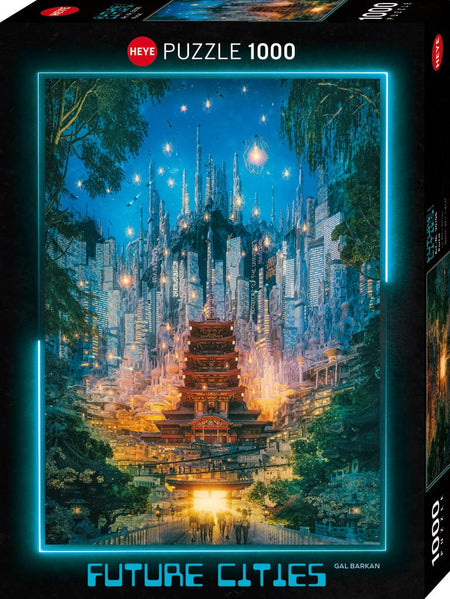 heye 1000-piece Jigsaw puzzle box featuring a futuristic cityscape design with 'Future Cities' branding titled portal.