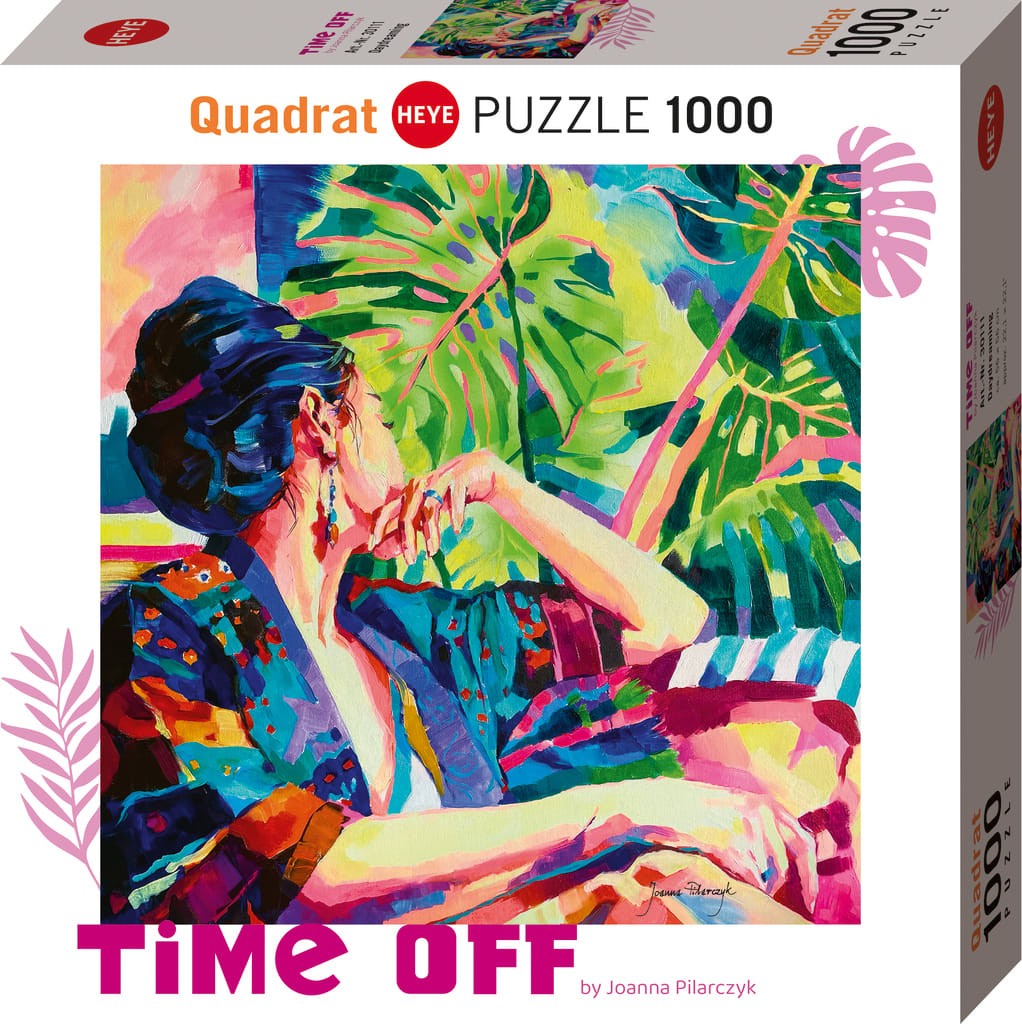 Heye 1000-piece Jigsaw puzzle with colorful artwork of a woman and tropical leaves, titled Time Off