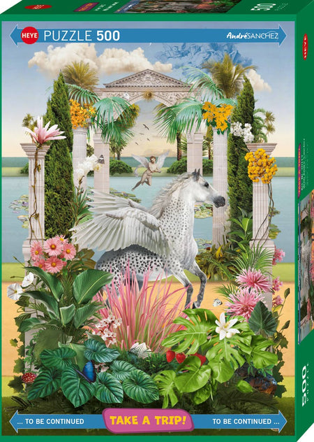 heye 500-piece jigsaw Puzzle box with a fantasy scene featuring a horse, columns, and flowers