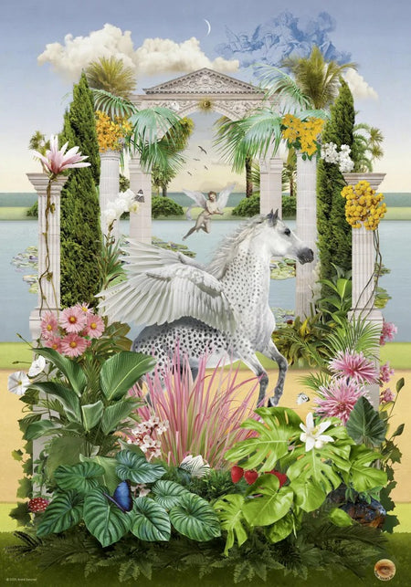 heye jigsaw puzzle image Fantasy scene with a horse, fairy, and classical architecture surrounded by flowers and foliage.