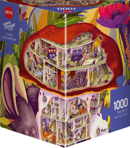 Heye 1000-piece Jigsaw puzzle with colorful illustration of a mushroom house and characters titled Living Mushroom.