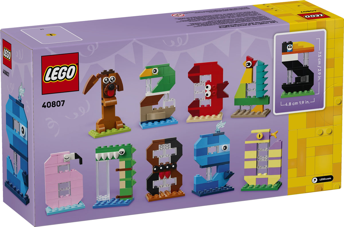 LEGO set packaging with colorful building blocks shaped like numbers on a purple background 40807
