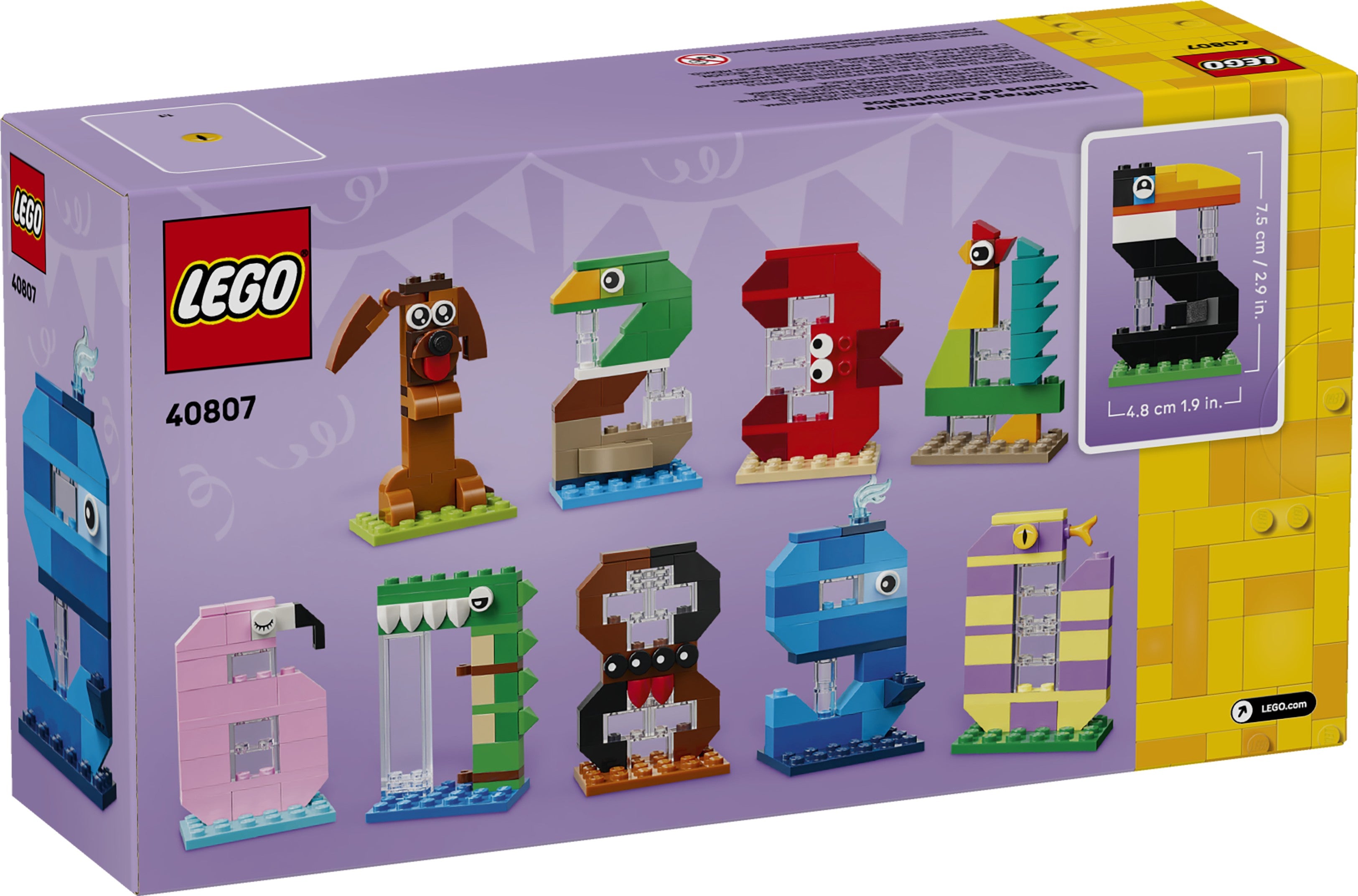 LEGO set packaging with colorful building blocks shaped like numbers on a purple background 40807