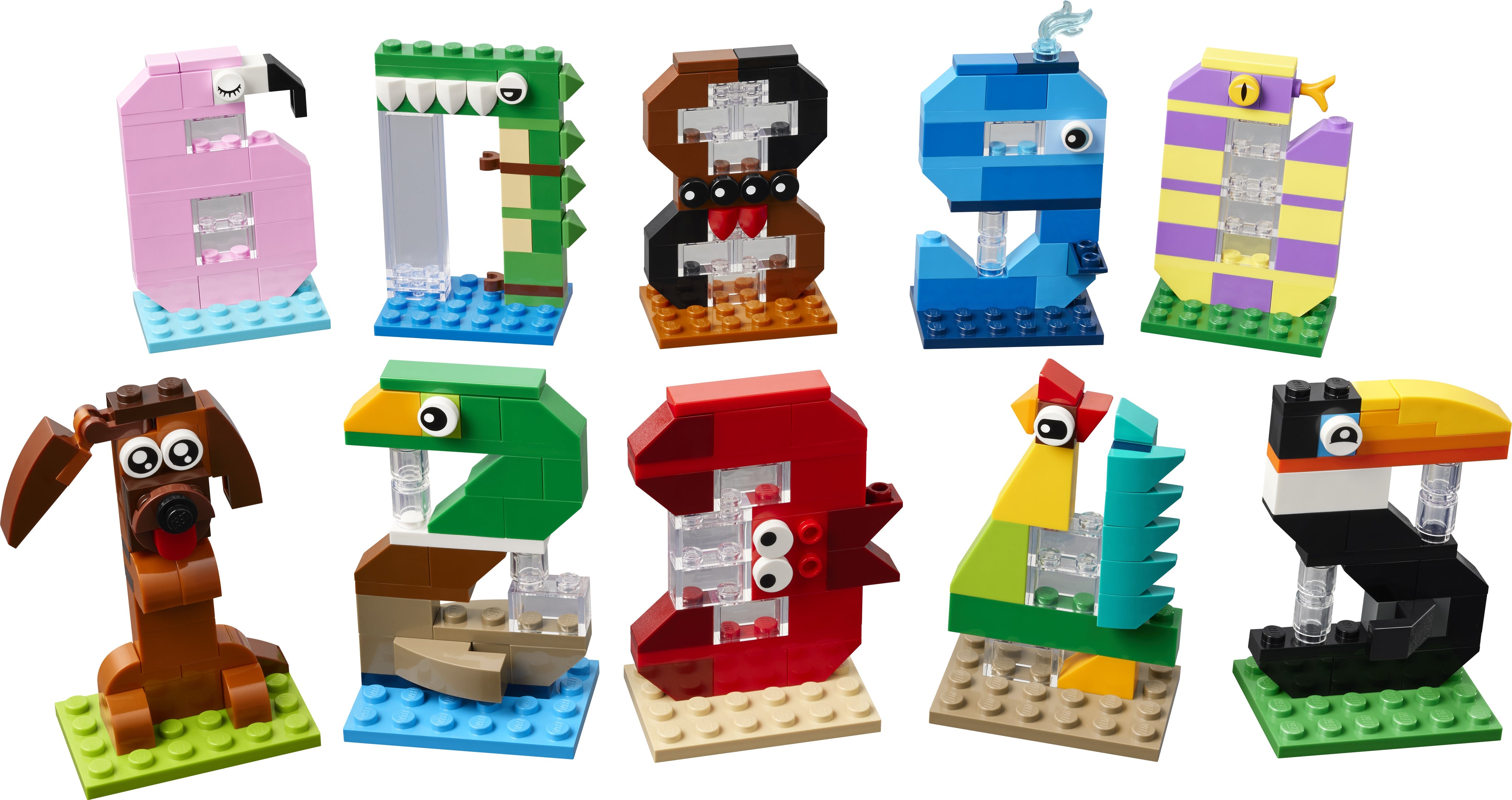 lego Set of colorful building block animals and numbers on a white background
