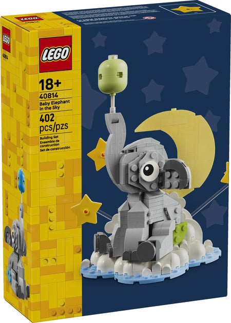 LEGO set packaging featuring a baby elephant figure on a blue background with stars. 40814