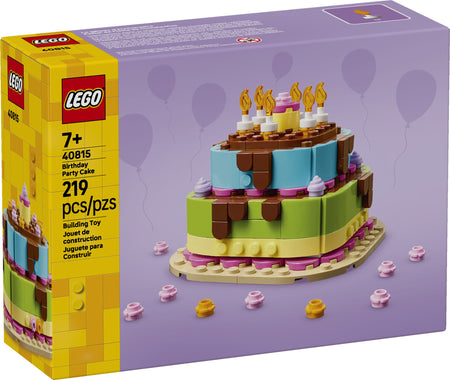 LEGO birthday cake set packaging with purple background 40815