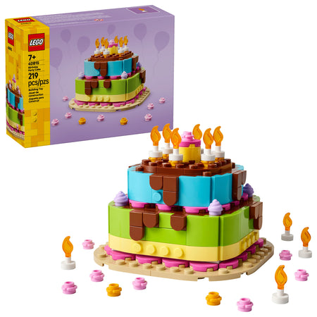 LEGO birthday cake set with candles and LEGO box in the background 40815