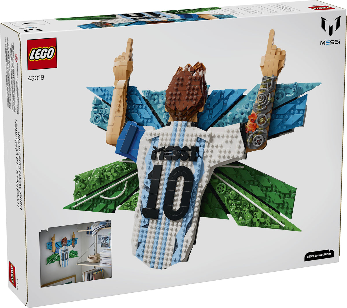 LEGO Messi set packaging with character and sports ball on a white background