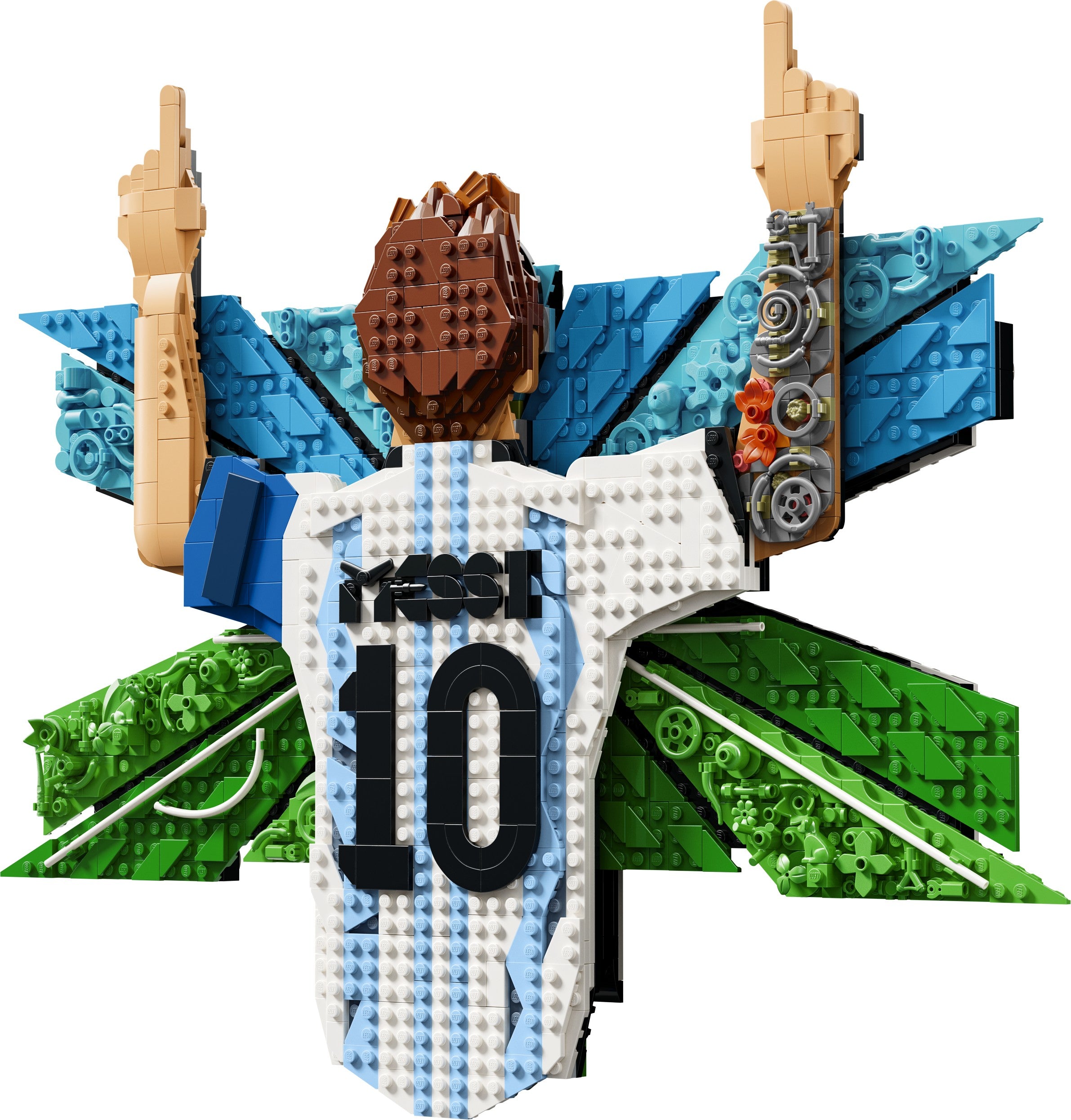 LEGO figure of a soccer player in an Argentina jersey with blue and white colors on a white background