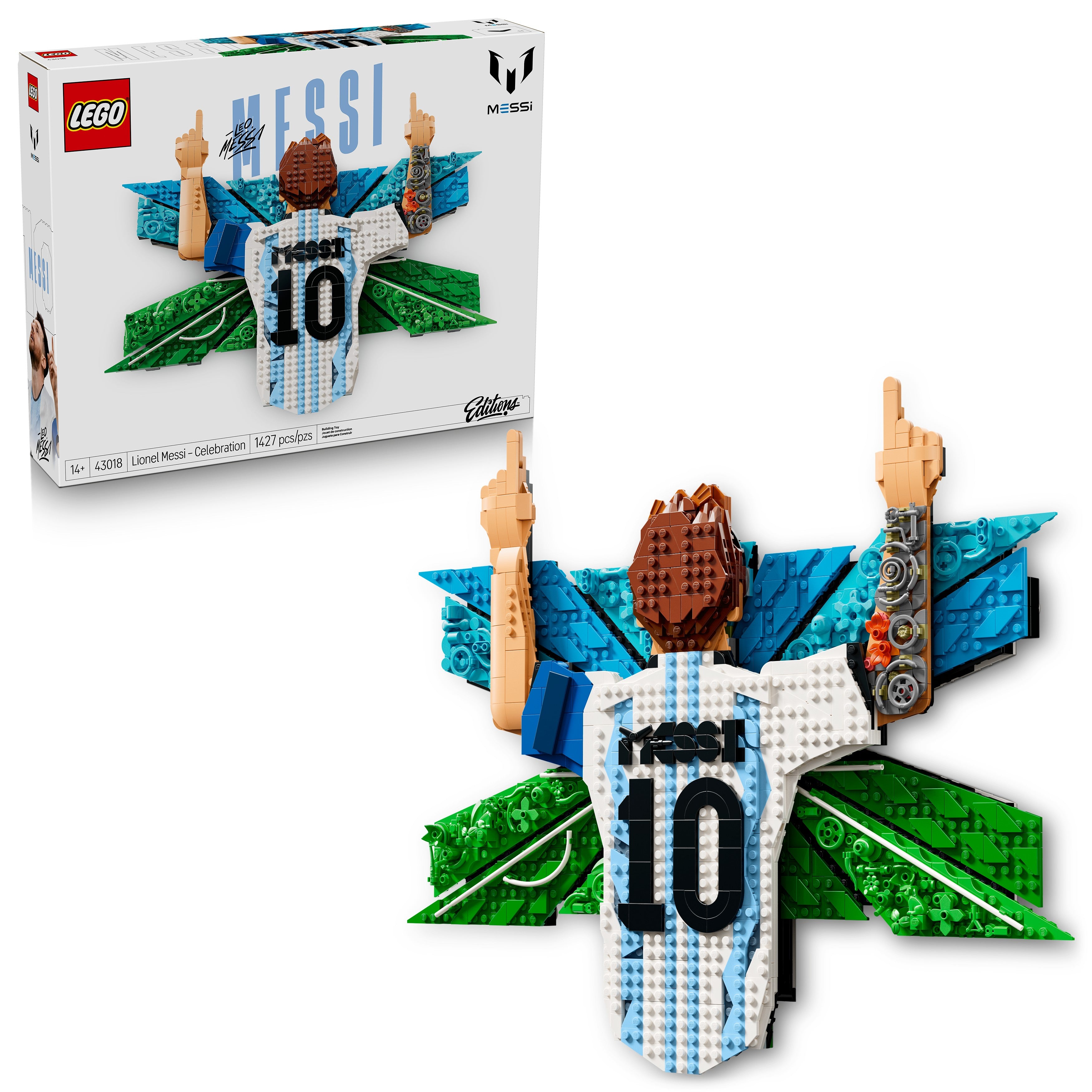 LEGO Messi set with packaging on a white background