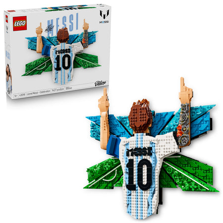 LEGO Messi set with packaging on a white background