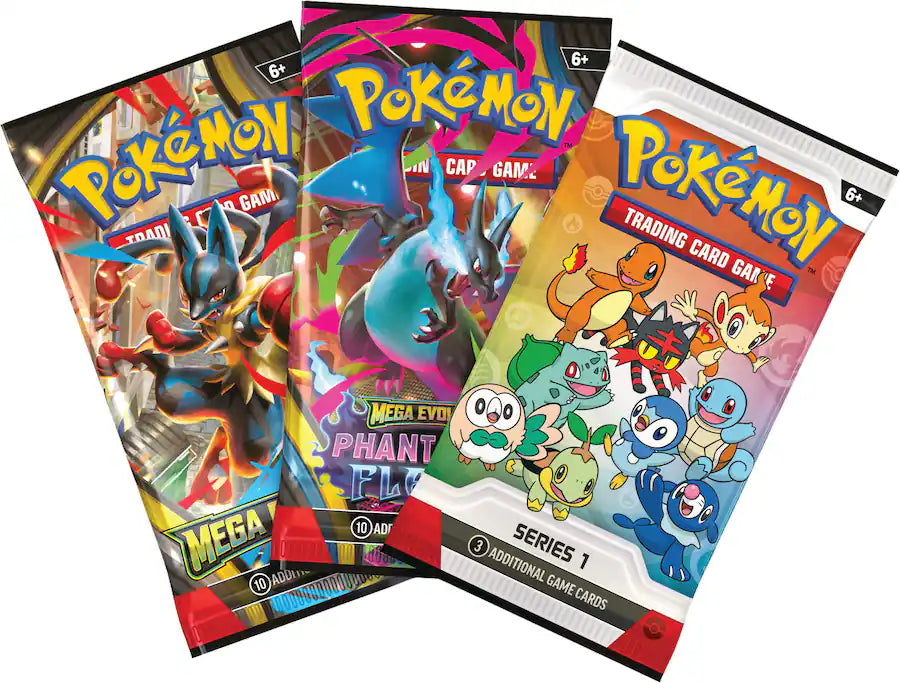 Three Pokemon trading card game packs on a white background