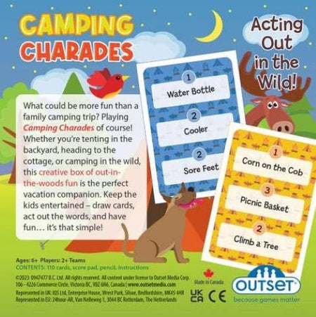 Camping Charades game packaging with cards and cartoon animals on a colorful background