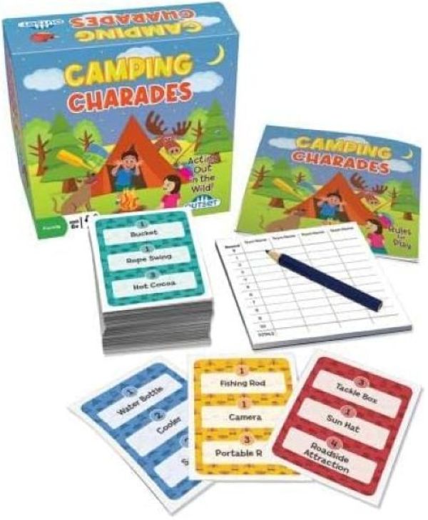 Camping Charades game set with cards, box, and score sheet on a white background