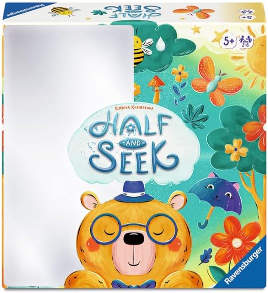 Board game box for 'Half and Seek' by Ravensburger with colorful illustrations and a bear character.