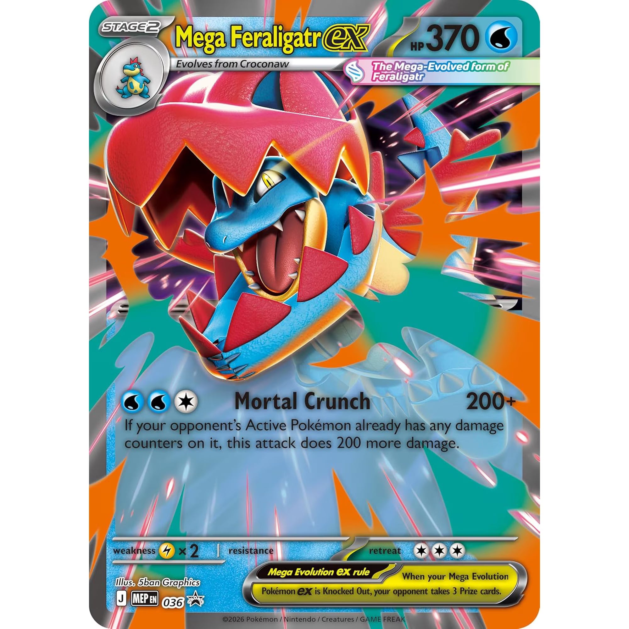 Pokémon trading card featuring Mega Feraligatr EX with vibrant colors and detailed design.