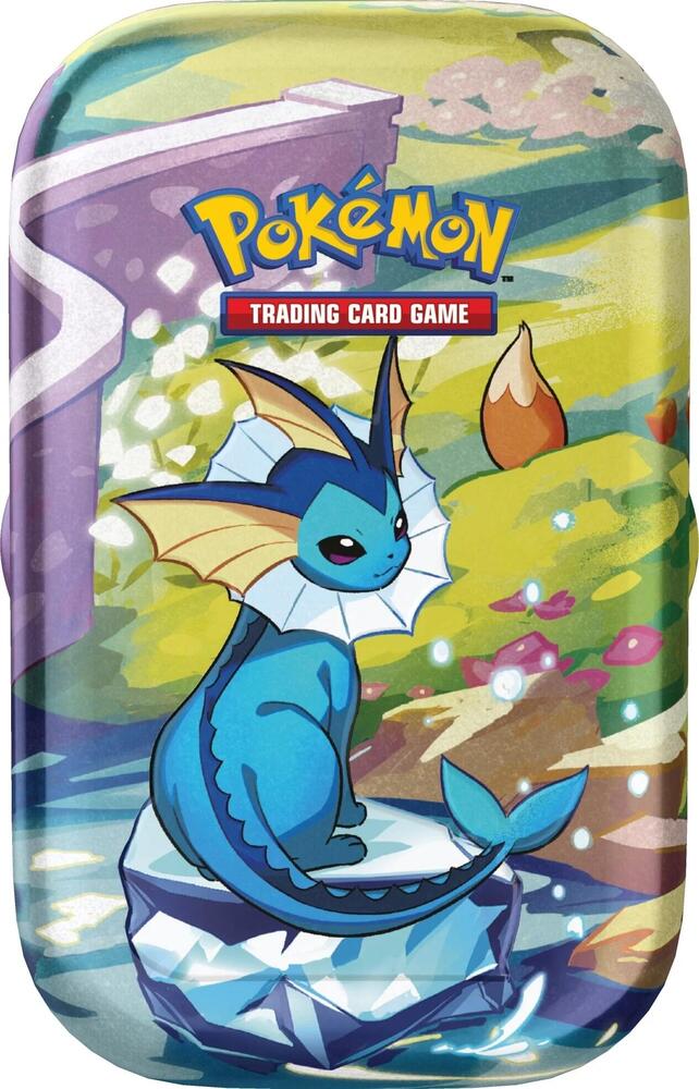 Pokémon trading card game tin with a blue dragon-like creature on a colorful background