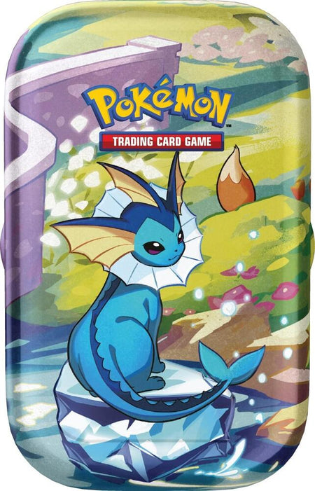 Pokémon trading card game tin with a blue dragon-like creature on a colorful background