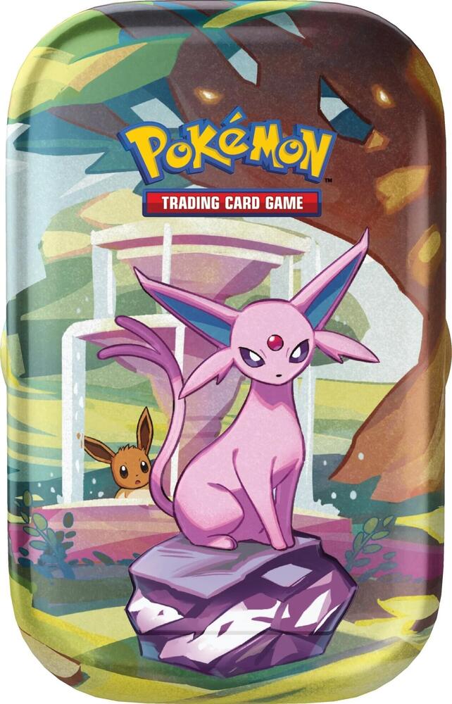Pokémon trading card game tin with Mew and Eevee on a colorful background