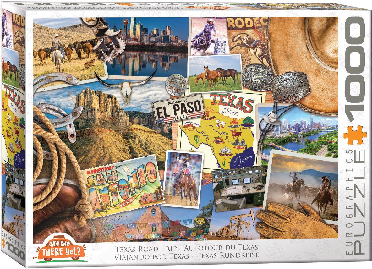 Eurographics 1000-piece Jigsaw puzzle box featuring images of Texas with various landscapes and activities.