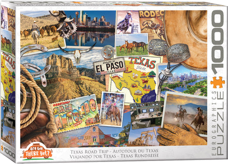 Eurographics 1000-piece Jigsaw puzzle box featuring images of Texas with various landscapes and activities.