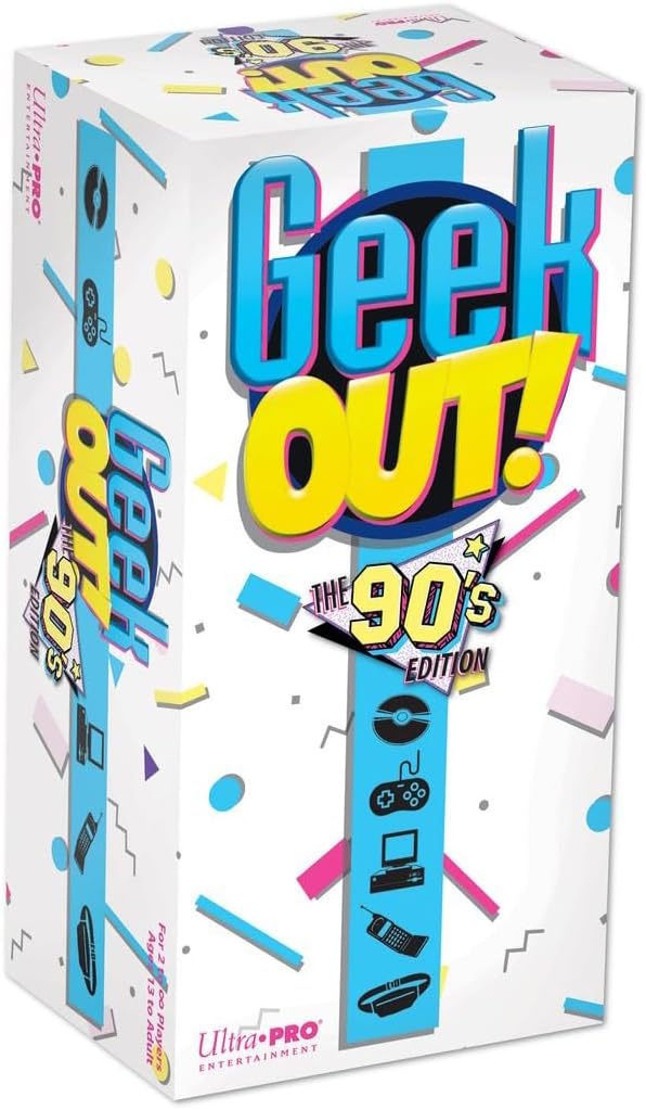 Box for 'Geek Out! The 90s Edition' card game by Ultra Pro with colorful text and graphics.