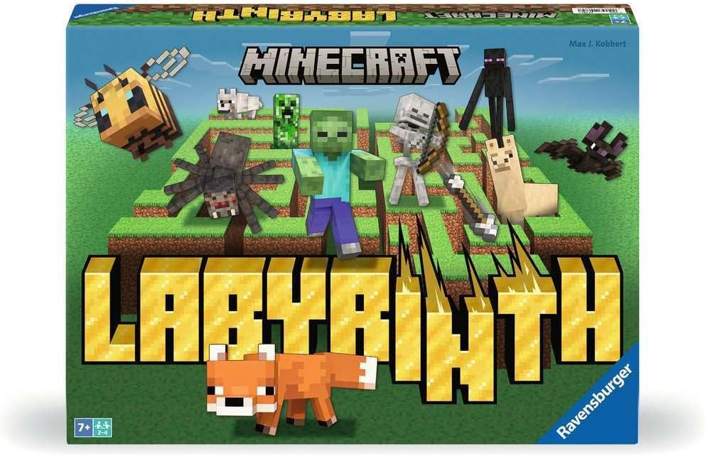 ravensburger Minecraft Labyrinth board game box with characters and text on a green background