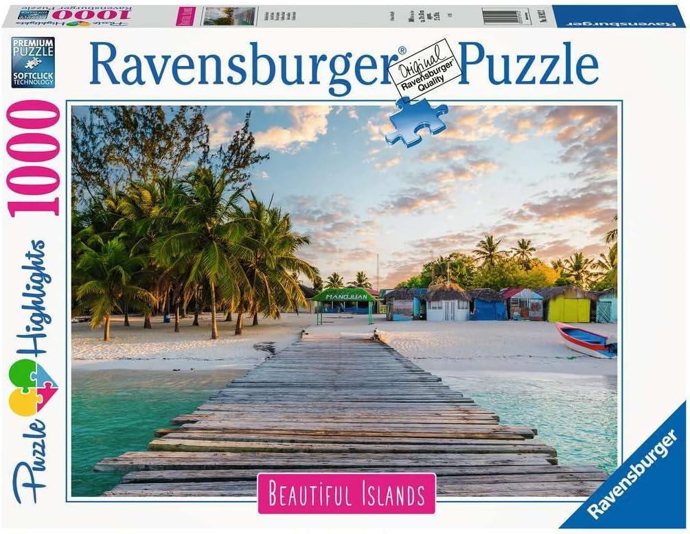 Ravensburger 1000-piece jigsaw puzzle box with a beautiful tropical beach scene and wooden pier on an island.