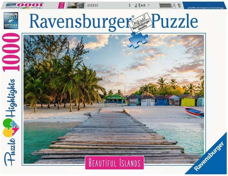 Ravensburger 1000-piece jigsaw puzzle box with a beautiful tropical beach scene and wooden pier on an island.