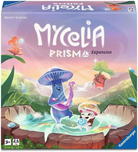 Board game box for 'Mycelia Prisma' expansion by Ravensburger with colorful illustration of characters and landscape.