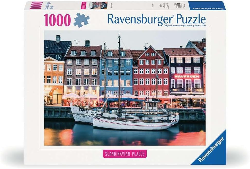 Ravensburger 1000-piece jigsaw puzzle box with a scenic view of colorful Scandinavian buildings and a boat.