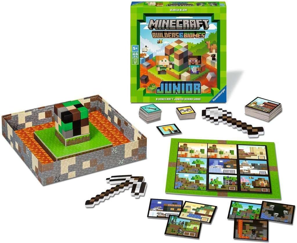 ravensburger Minecraft Junior board game set with pieces and instructions on a white background