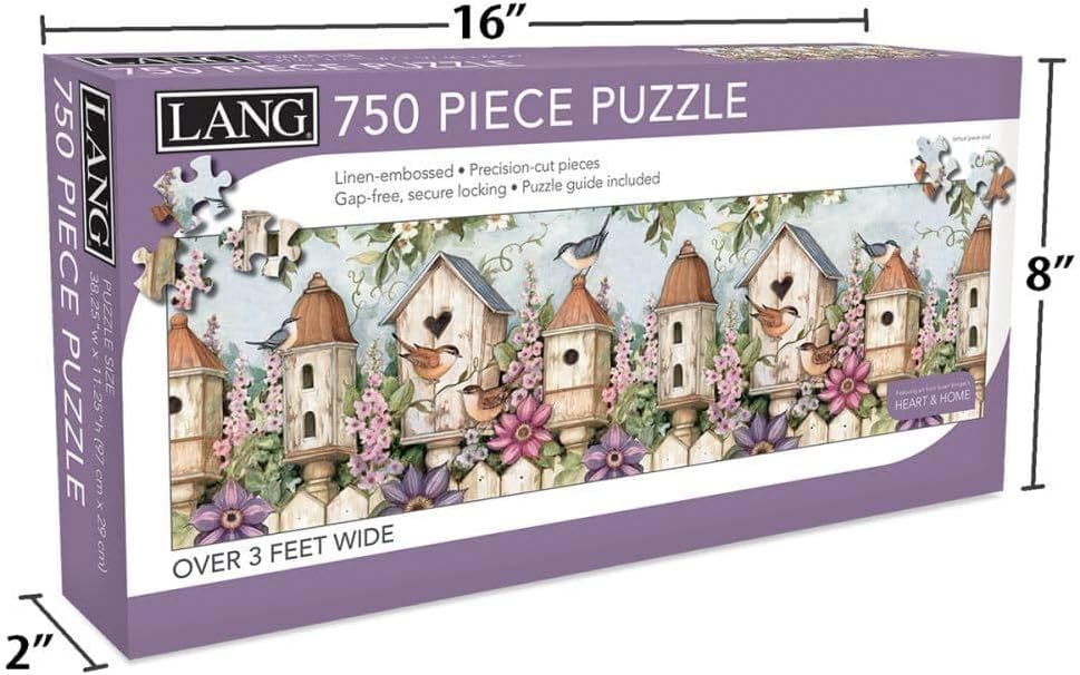 Lang 750 piece puzzle packaging with birdhouses and flowers on a white background