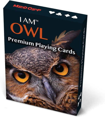 A box of MADD CAPP 'I AM OWL Premium Playing Cards' featuring a large, detailed photograph of an owl's face on the front, with orange and white text on a dark background.