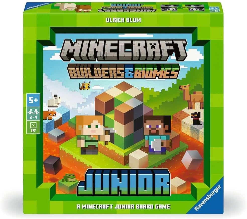 ravensburger Minecraft Builders & Biomes Junior board game box with colorful graphics on a white background