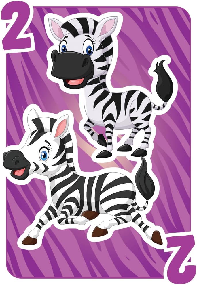 Two cartoon zebras on a purple striped background with the number 2.
