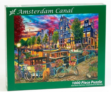 vermont christmas company 1000-piece Jigsaw puzzle box featuring a scenic view of Amsterdam canal with colorful buildings and bicycles.