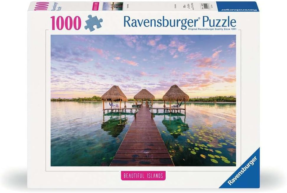Ravensburger 1000-piece jigsaw puzzle box with a beautiful scenic dock on an island.