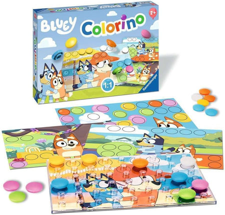 ravensburger Bluey Colorino board game set with packaging on a white background