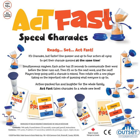 Advertisement for Act Fast Speed Charades game with colorful text and illustrations.