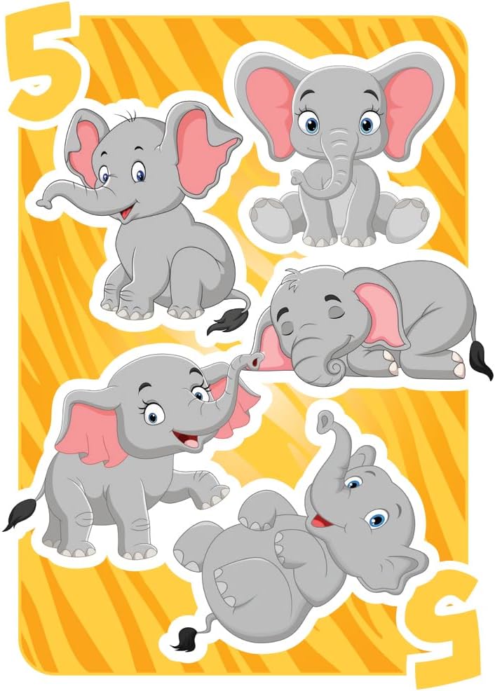 Set of six cartoon elephants on a yellow and orange background