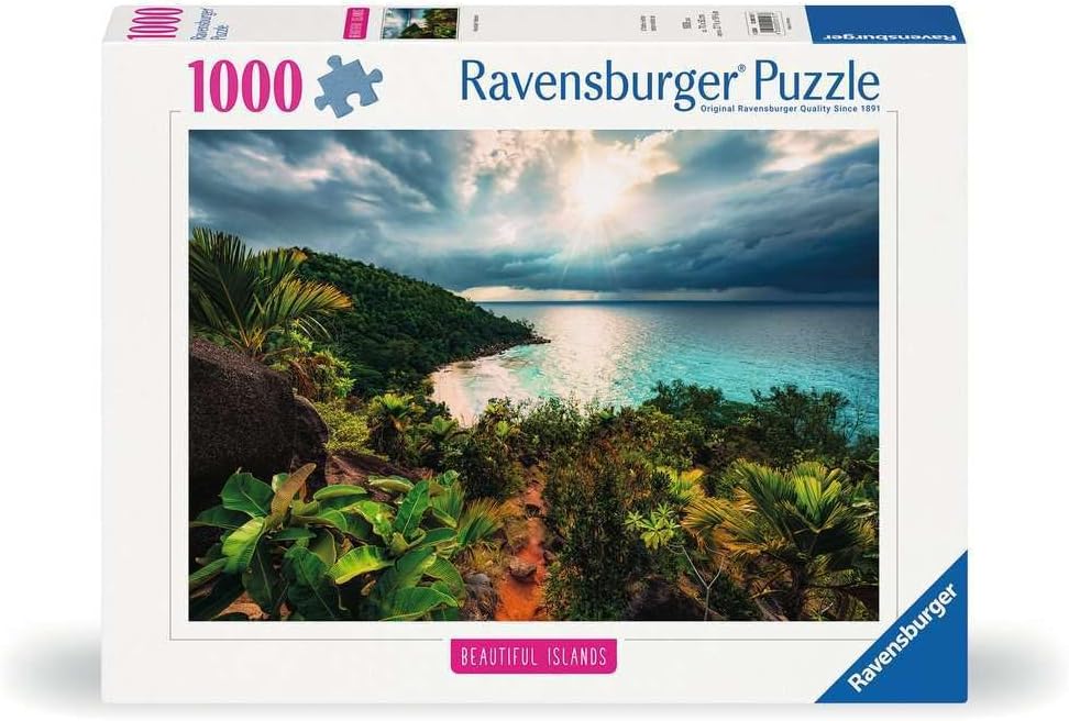 Ravensburger 1000-piece jigsaw puzzle box with a beautiful scenic view of a tropical island.