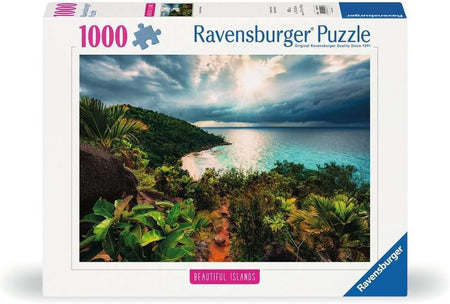 Ravensburger 1000-piece jigsaw puzzle box with a beautiful scenic view of a tropical island.