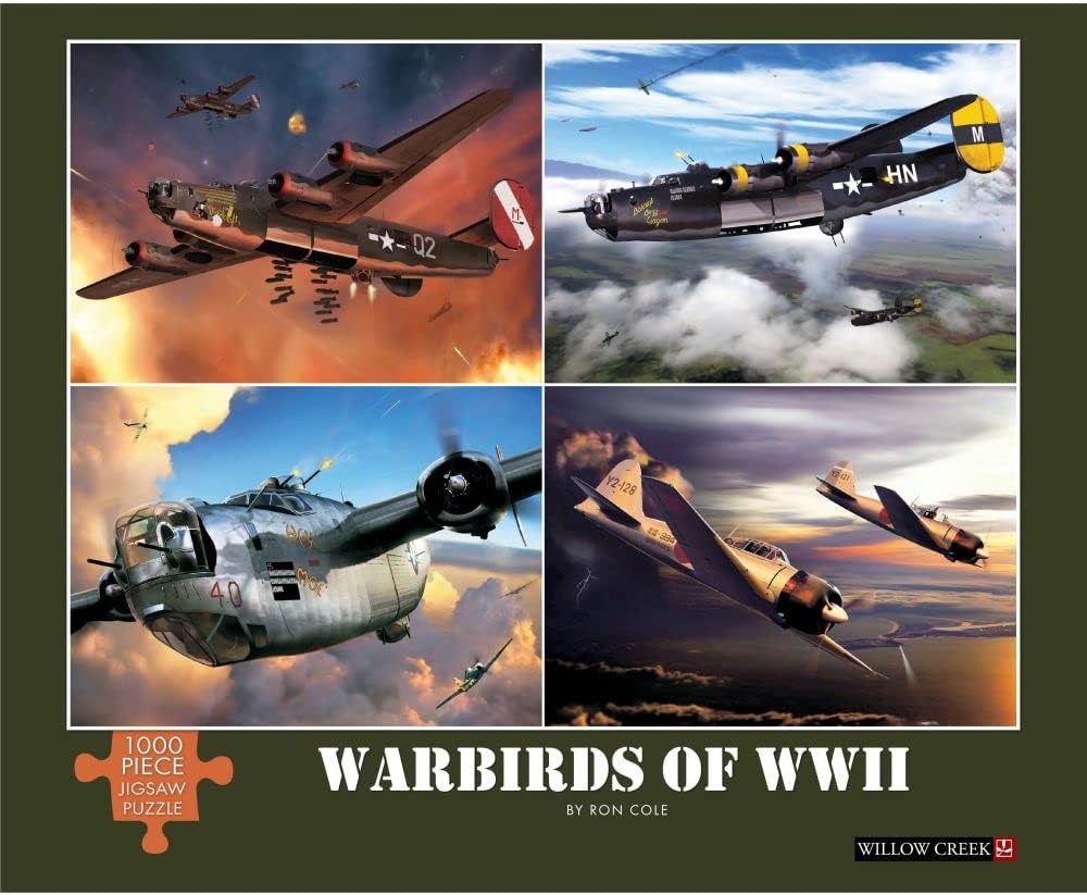 Front cover of the 'Warbirds of WWII' 1000-piece jigsaw puzzle by Ron Cole, published by Willow Creek. The cover features a dark olive green border framing a 2x2 grid of four colorful vintage warbird aircraft illustrations in flight.