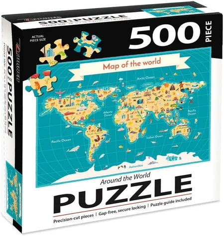 World map puzzle box with 500 piece count on a white background